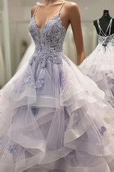 V Neck Backless Ruffles Appliques Tulle Blue Semi Formal Prom Dress